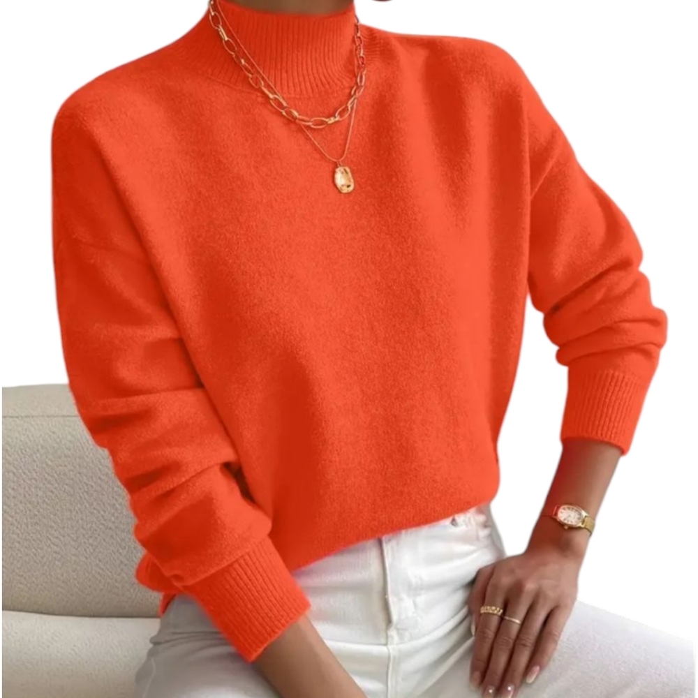 Women's Mock Neck Sweater Long Sleeve Drop Shoulder Pullover Orange, M, L